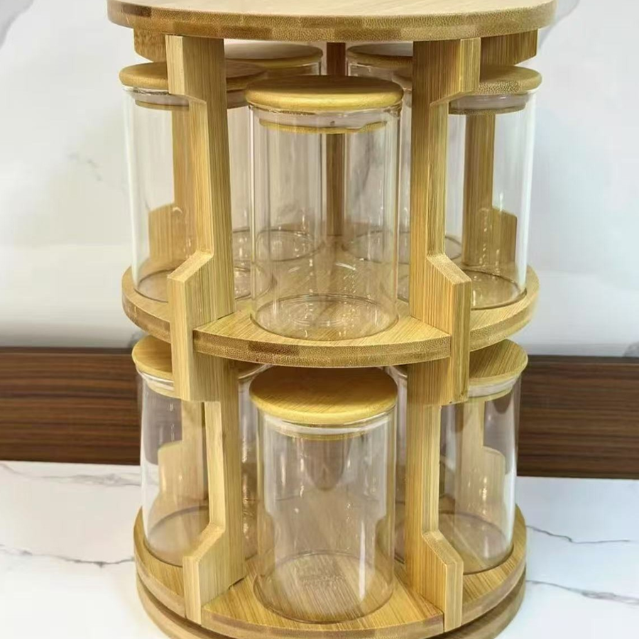 OEM Bamboo Rotating Spice Rack with 10 Glass Jars 2 Tier 360 Revolving Kitchen Countertop Seasoning Organizer
