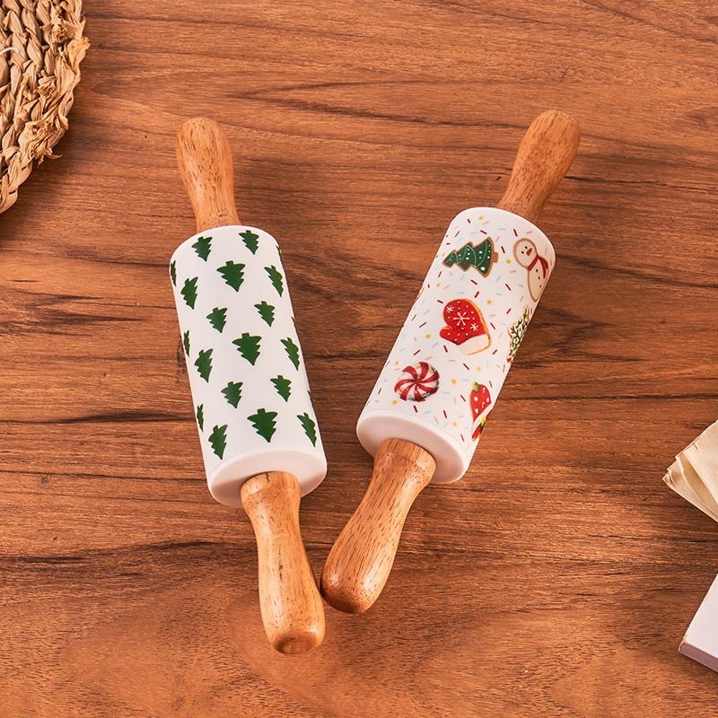 Children's Design Wooden Embossing Rolling Pin Mini Playdough Rolling Tool for Kids for Christmas Pastry Board