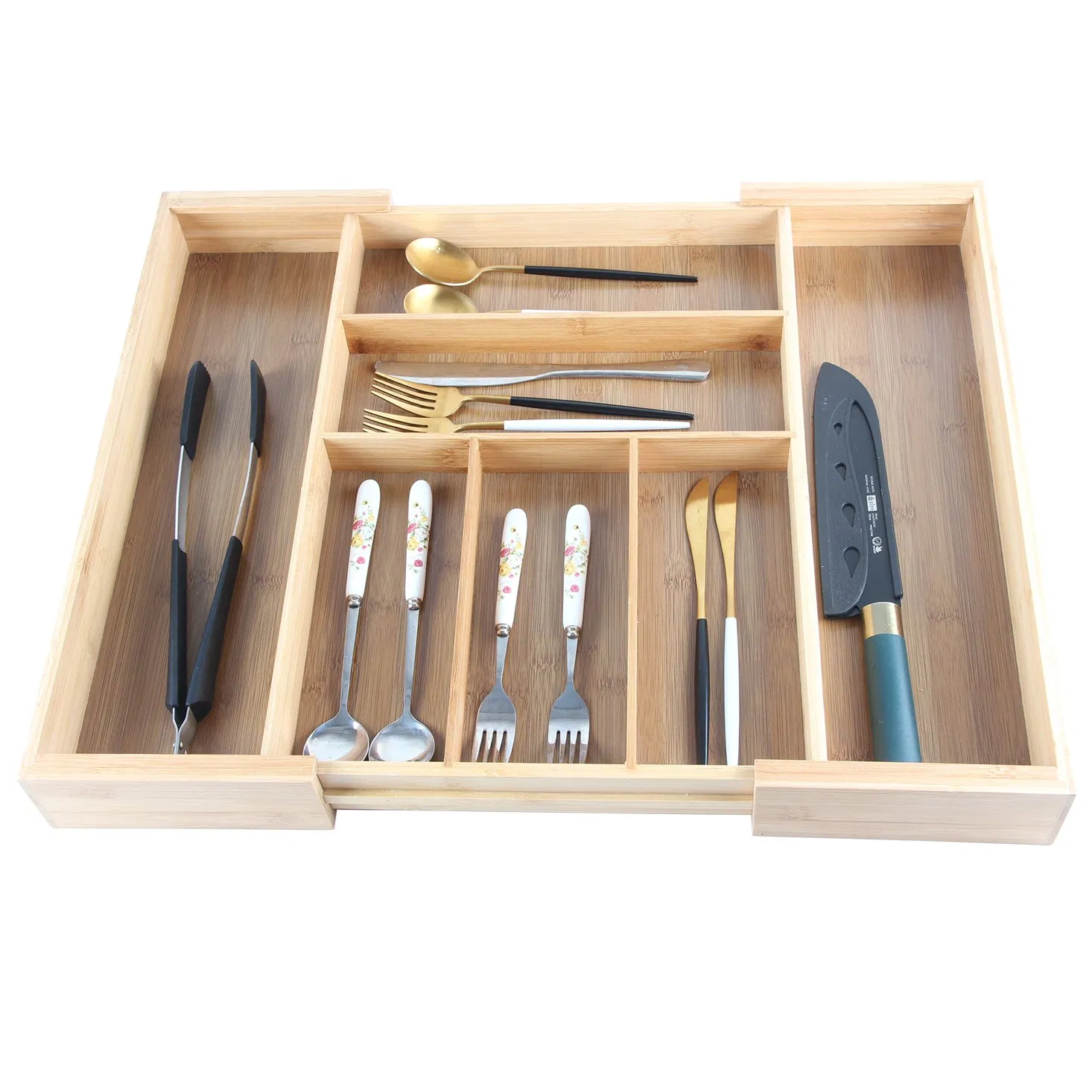 Large Expandable Bamboo Cutlery Tray Drawer Utensil Organizer