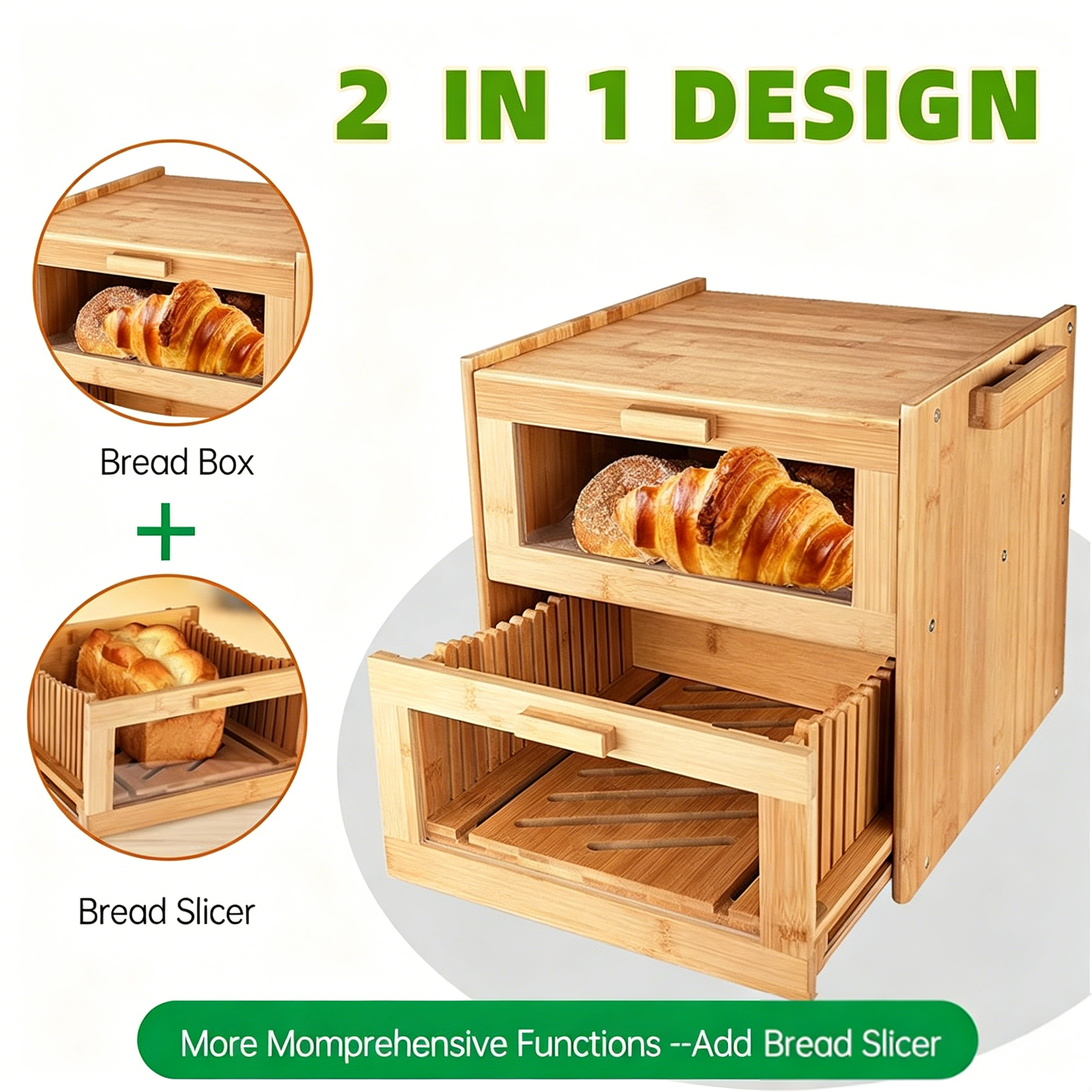 Personalization 2-in-1 Bamboo Bread Box With Built-in Large Storage Bin Bread Slicer Kitchen Bread Storage Container