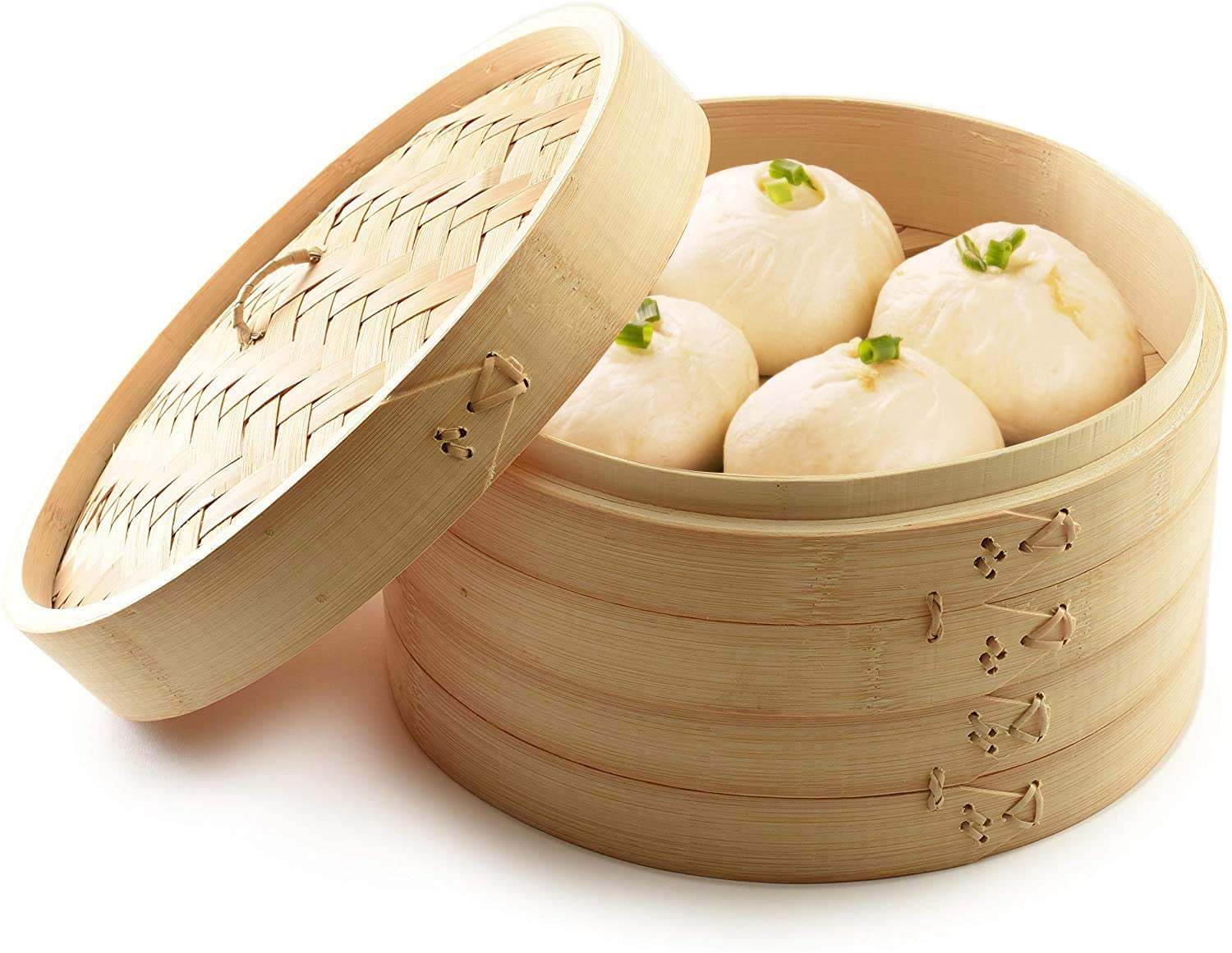 Handmade 10-inch Bamboo Steamer Pot Stainless Steel Traditional Design Easy Clean Steam Basket 2 Gauze Liners Chopsticks Gas
