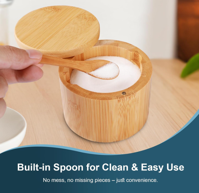Unique Design 2 PCS Bamboo Eco-Friendly Modern Salt Cellar with Built-in Spoon Magnetic Swivel Lid for Countertop Spice Storage