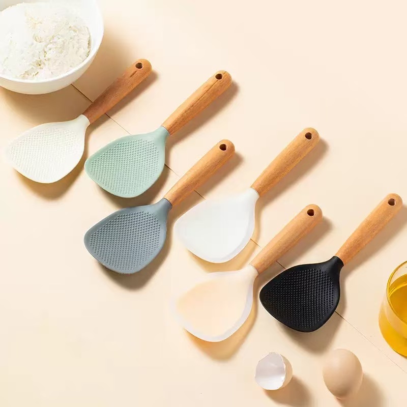 Heat Resistant Silicone Rice Paddle with Wood Handle, Non-Stick Rice Spoon for Cooking, Easy to Clean &amp; Stand up Kitchen Utensil