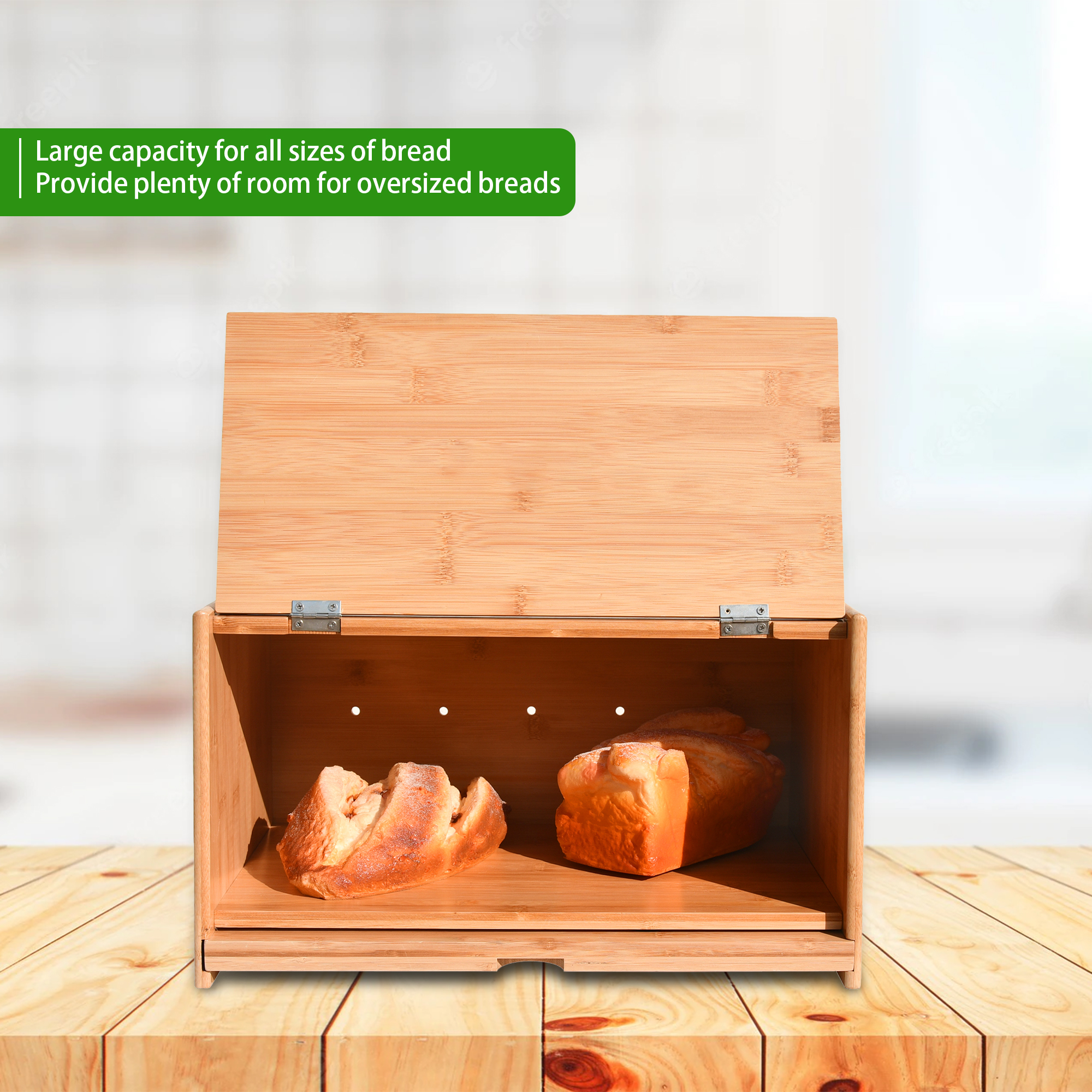 Large Farmhouse Bread Box for Kitchen Countertop,Bamboo Bread Storage and Organizer,Assembly Required