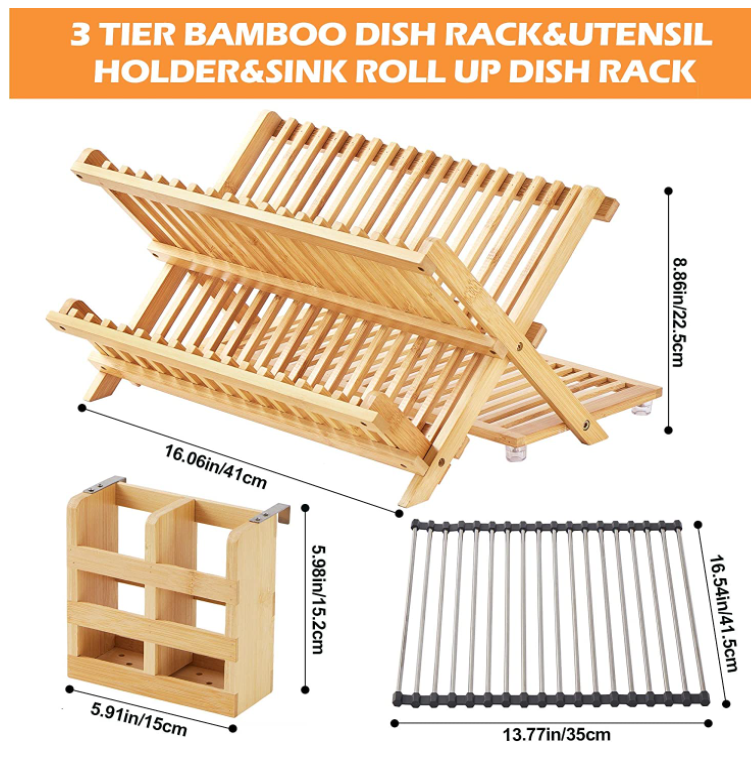 Bamboo Folding Dish Drying Rack Collapsible Drainer Set Eco-friendly Modern for Kitchen Countertop Standing Type Installation