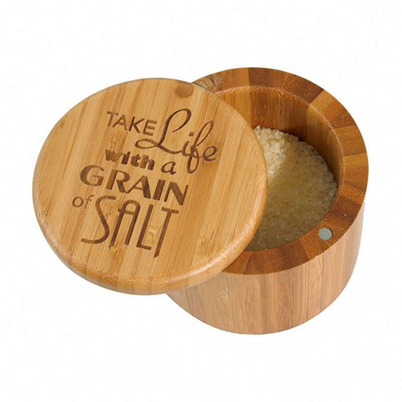 Kitchen Salt and Pepper Shaker, Small Round Bamboo Salt Cella Storage Box with Magnetic Swivel