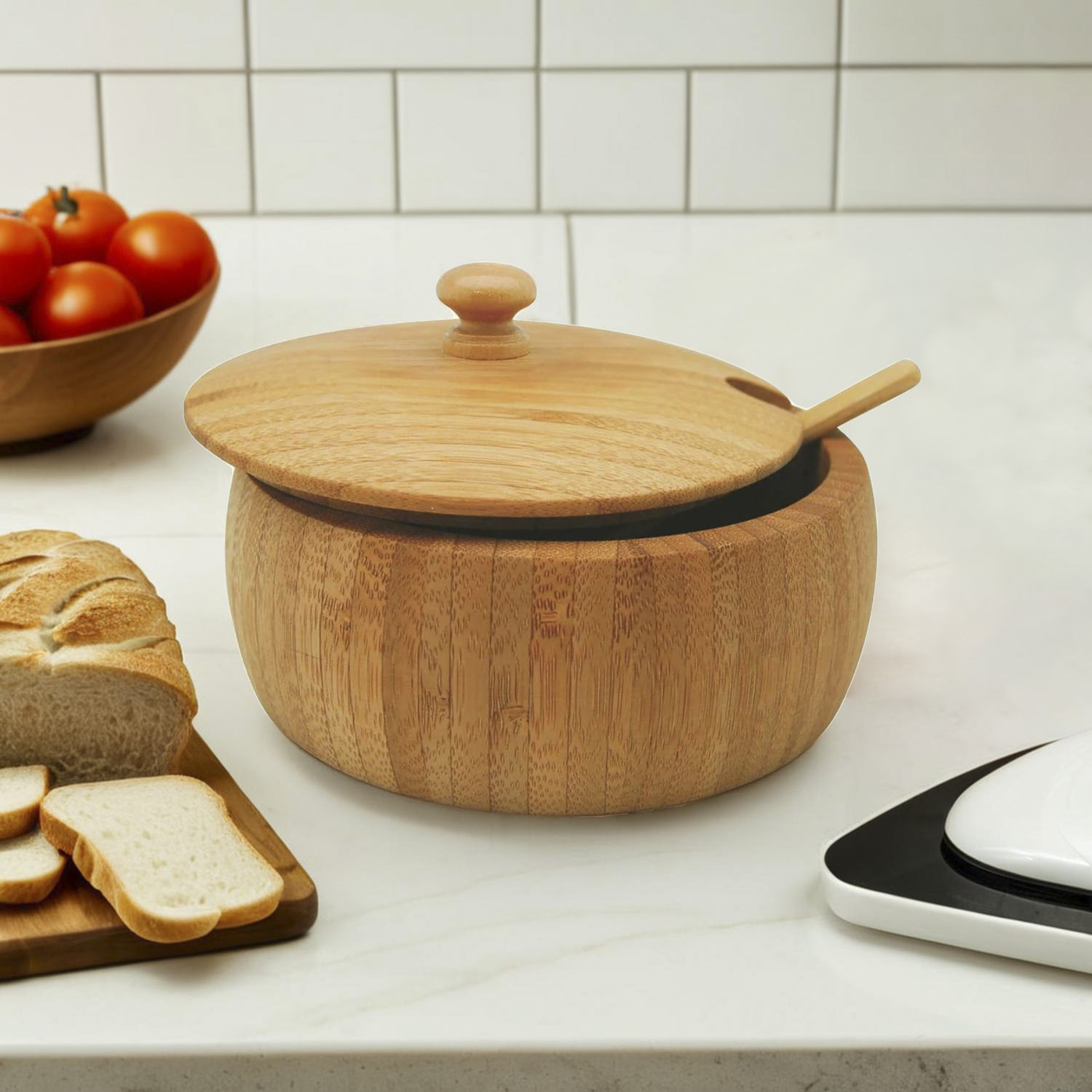Natural Bamboo Eco-Friendly Durable Salt Jars with Bamboo Lid &amp; Spoon Seasoning Container Salt Cellar Pepper Shakers Pepper Box