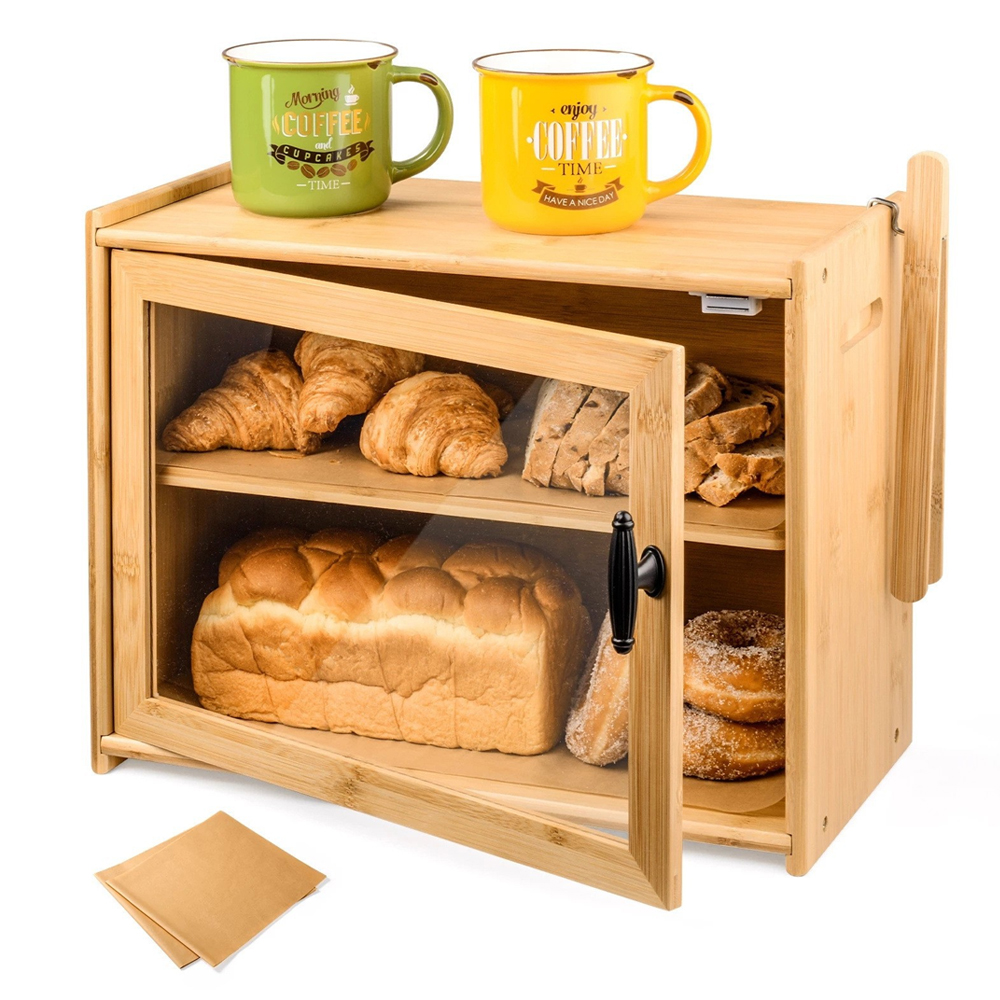 High Quality Bamboo Kitchen Storage Bread Box Double-layer Wooden Bread Box