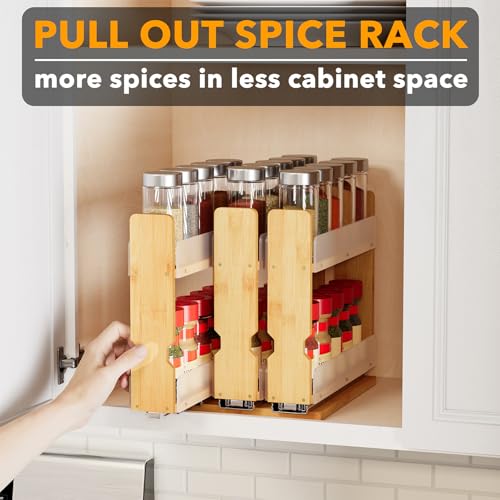 Natural Bamboo Pull Out Spice Rack Organizer Heavy Duty Slide Out Seasoning Kitchen Pantry Sliding Vertical Organization