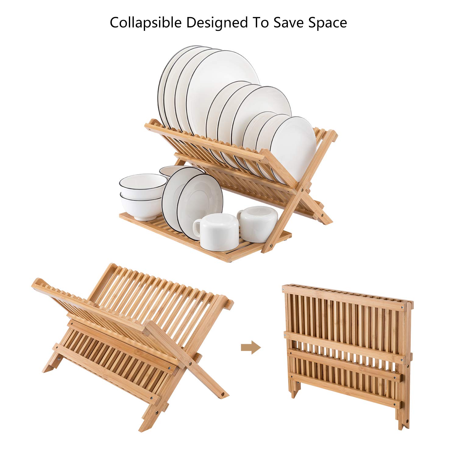 Large Dish Drying Rack with Tableware Support Set Bamboo Foldable Dish Rack
