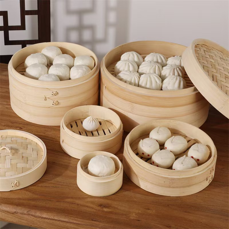 2025 New Eco-Friendly Bamboo Food Steamer Basket Set Mini Dumpling DimSum Cooker 3L Capacity 2 Layers Wholesale