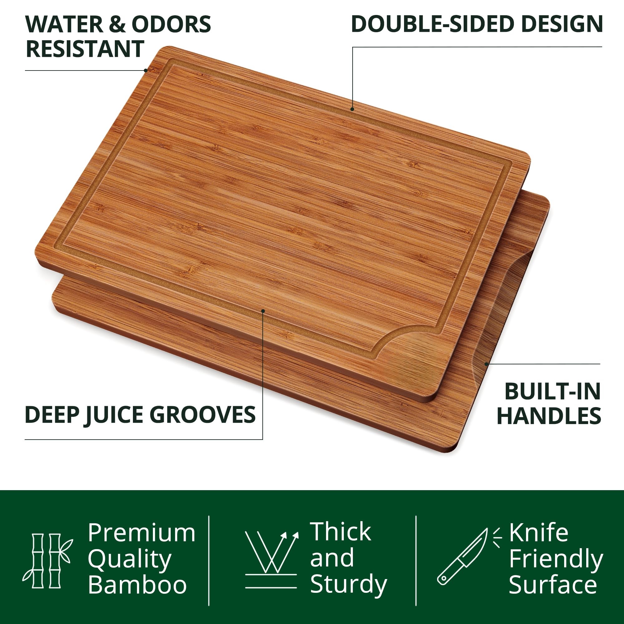 Deep Carbonized Bamboo Wood Cutting Boards Durable 3-Piece Set Juice Grooves Large Handle Easy Use Pizza Meat Chopping Kitchen