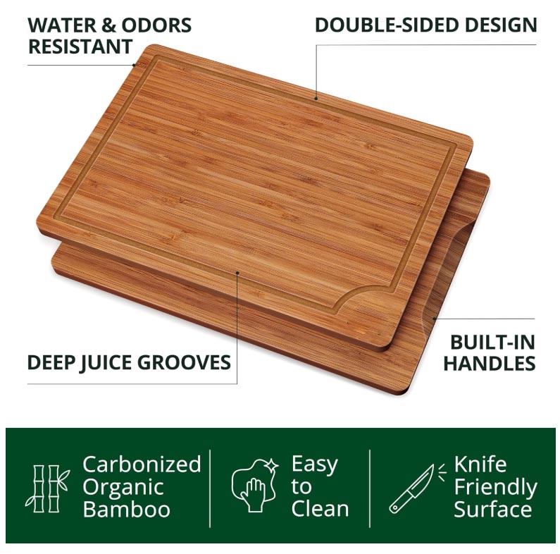 FSC Certified Set of 3 Bamboo Wood Cutting Boards with Deep Juice Groove Kitchen Serving Chopping Board Set with Side Handles