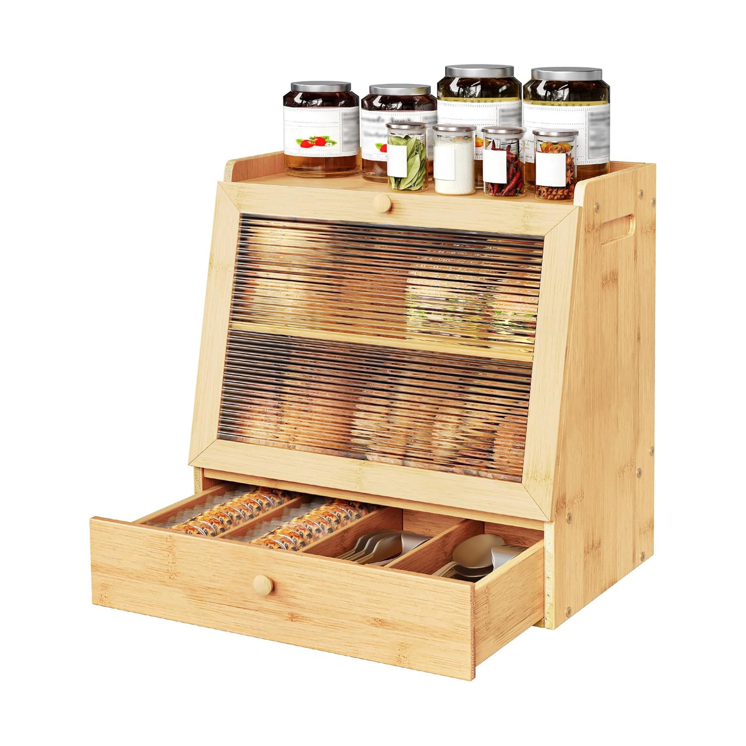 Modern 2-Tier Bamboo Bread Box Storage Container with Drawer Kitchen Countertop Food Storage Stylish Tool Storage Solution