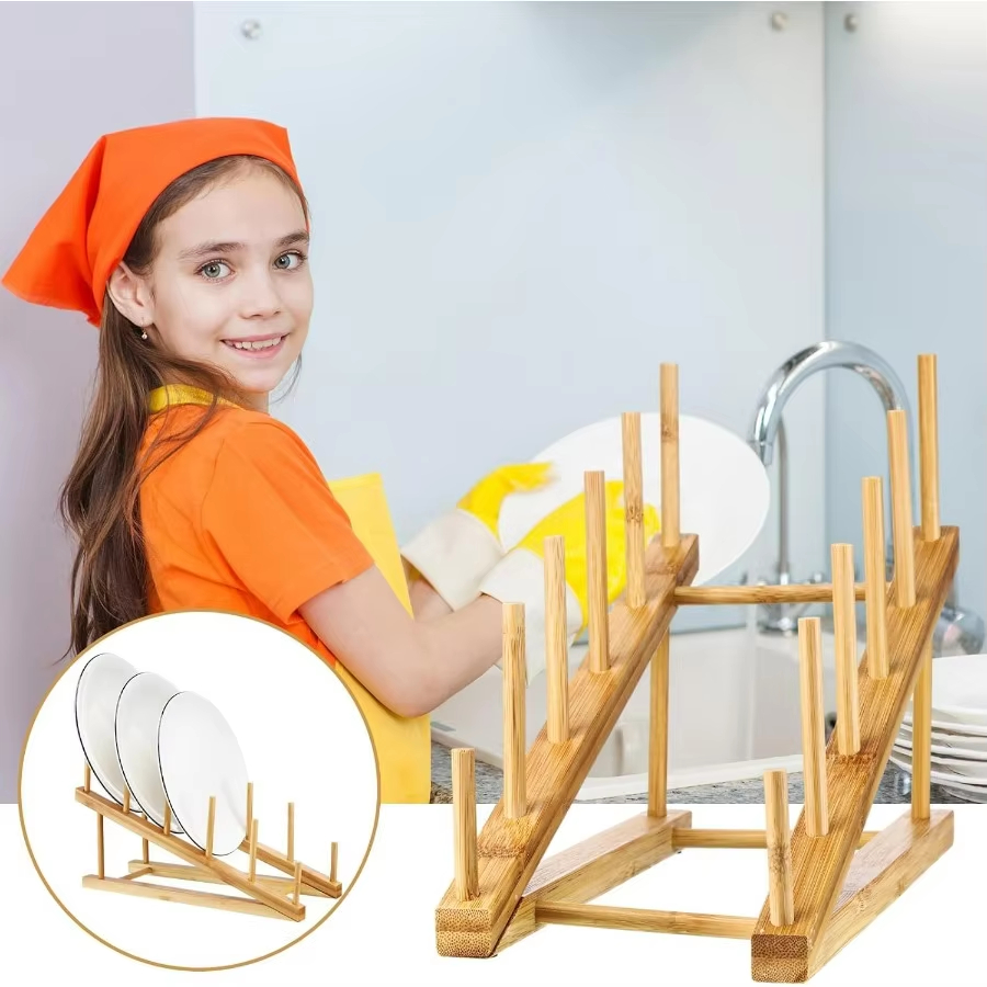 Bamboo Kitchen Dish Drying Rack for Dish Plate Bowl Cutting Board Display Stand-Durable Portable Modern Non-folding
