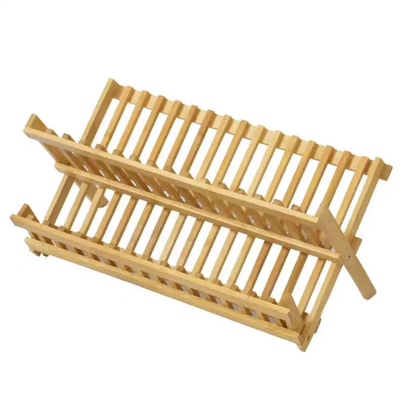 Collapsible 2-Tier Bamboo Wooden Dish Drying Rack Drainer Foldable for Restaurant Kitchen Counter Large Utensil Commercial