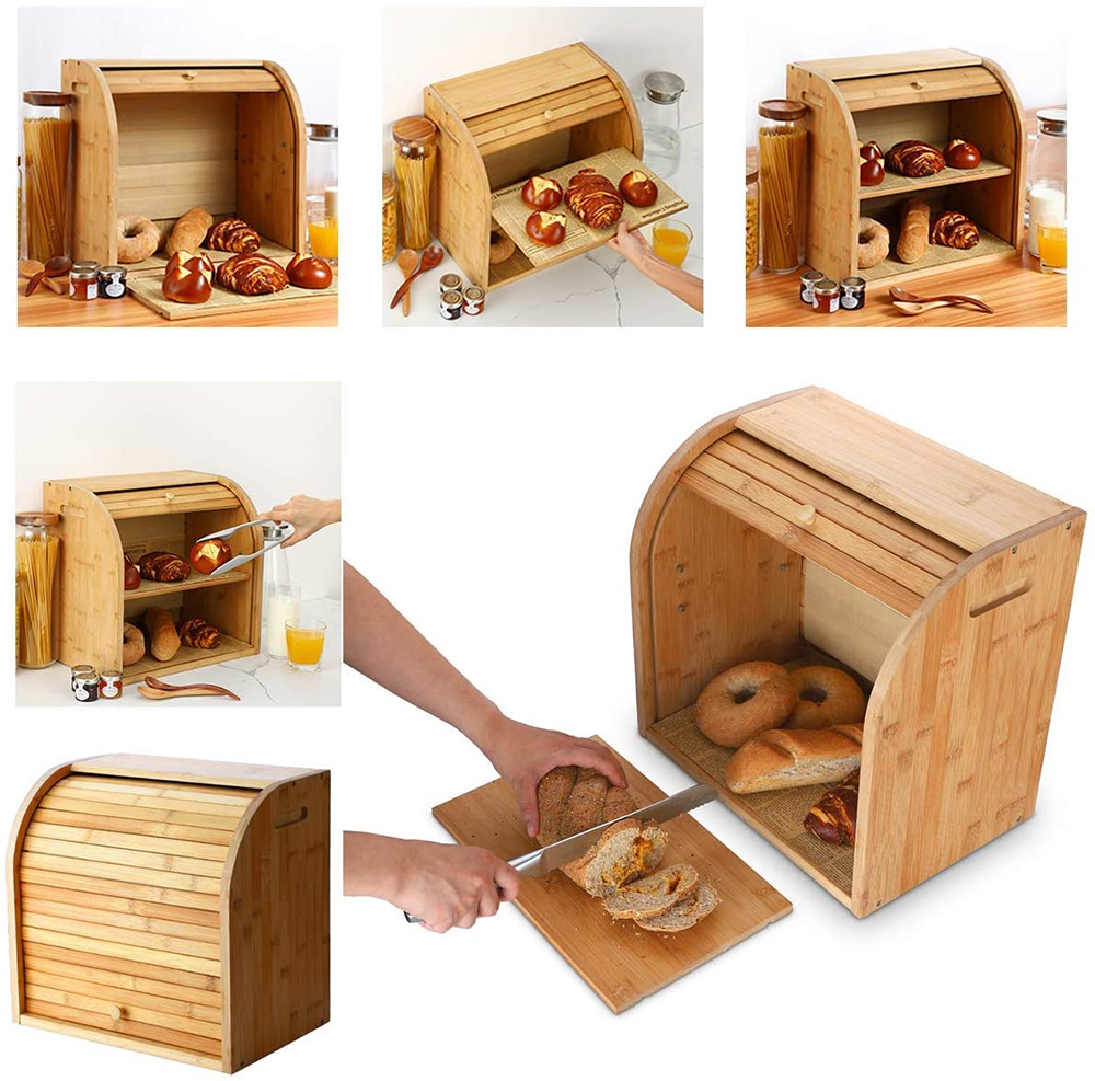 Natural Bamboo Bread Box Bin 2 Layer Storage Holder Countertop Self Assembly