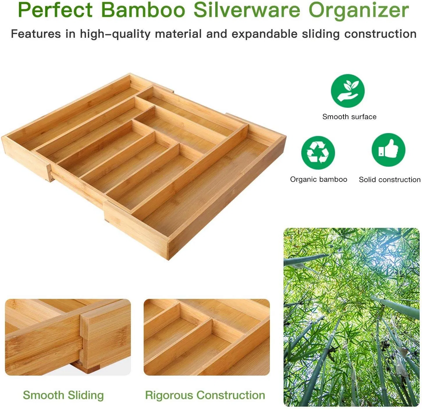 Bamboo Expandable Drawer Organizer for Utensils Holder, Adjustable Cutlery Tray
