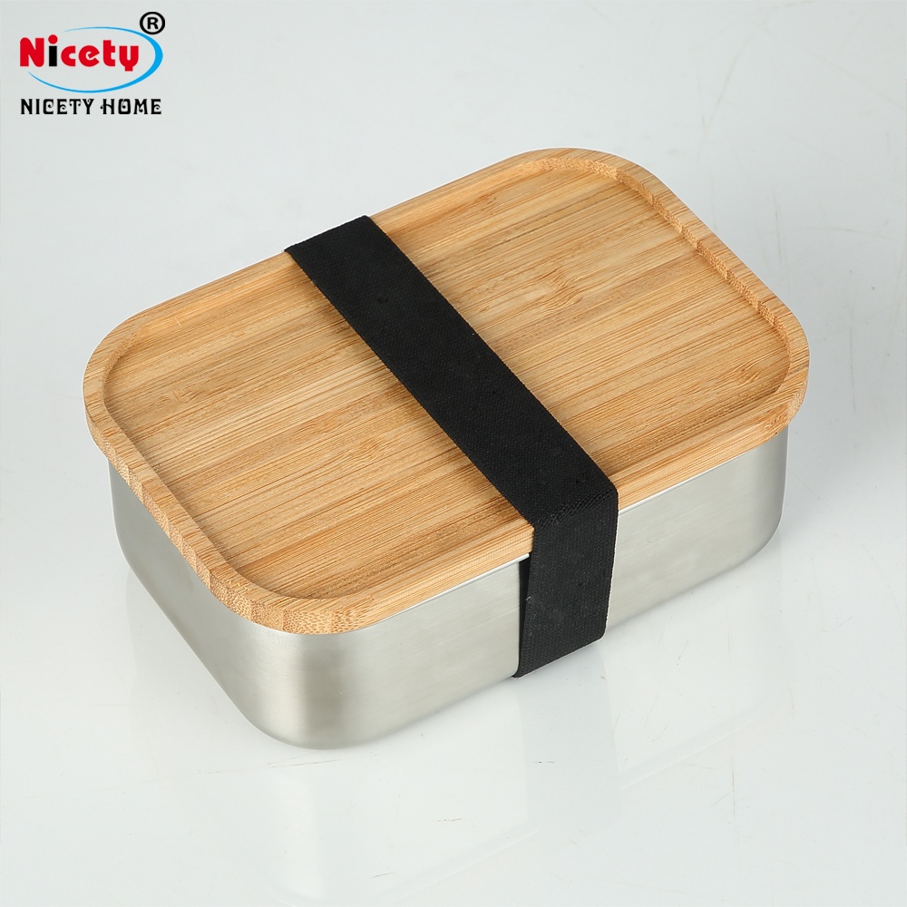 Eco Stainless Steel Food Grade 304 Metal Stainless Steel Bread Box Bento Lunch Box With Bamboo Lid