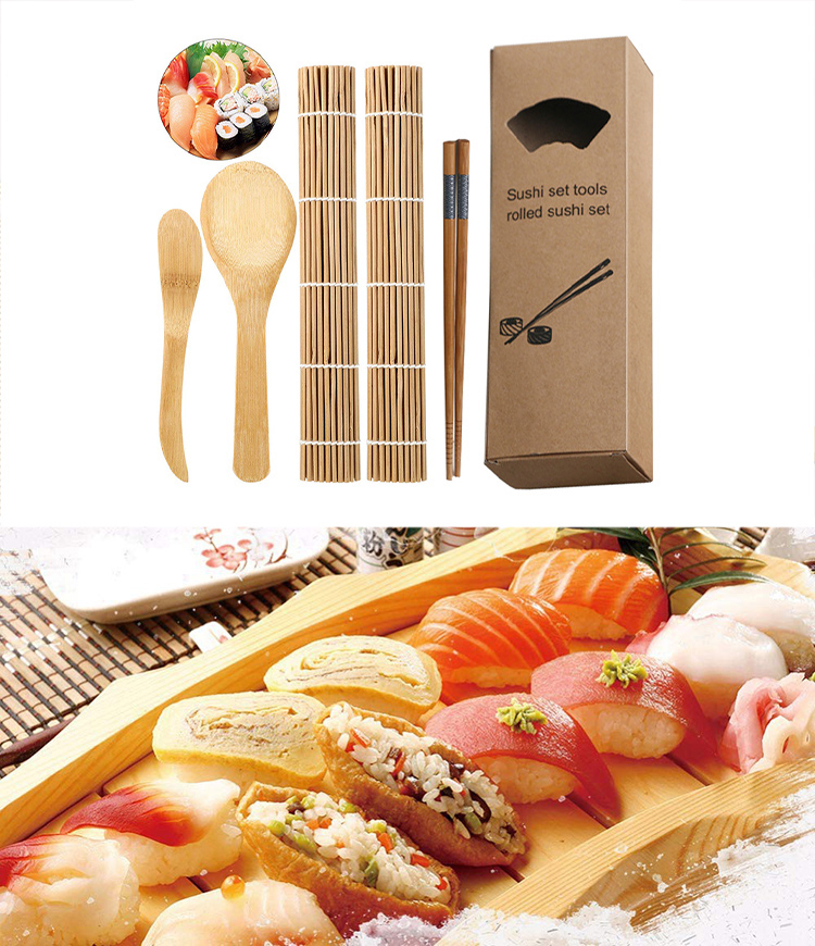 Home Kitchen 5 in 1 Bamboo Sushi Mats Rice Paddle Spreader Chopsticks Sushi Making Kit with Cloth Bag