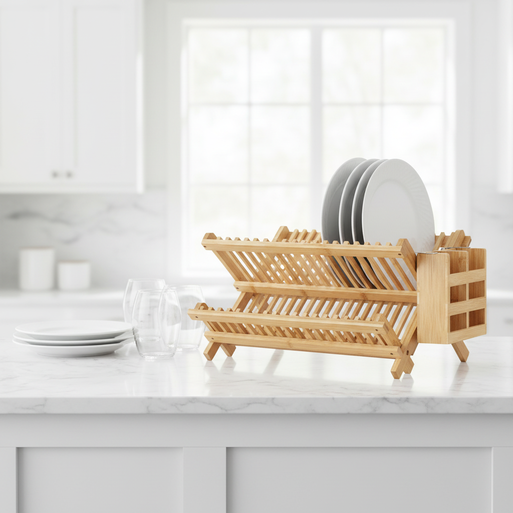 Three-Tier Foldable Bamboo Carton Storage Rack Air Drying Kitchen Dish Rack for Plates Bowls Home Use Cleaning Tool