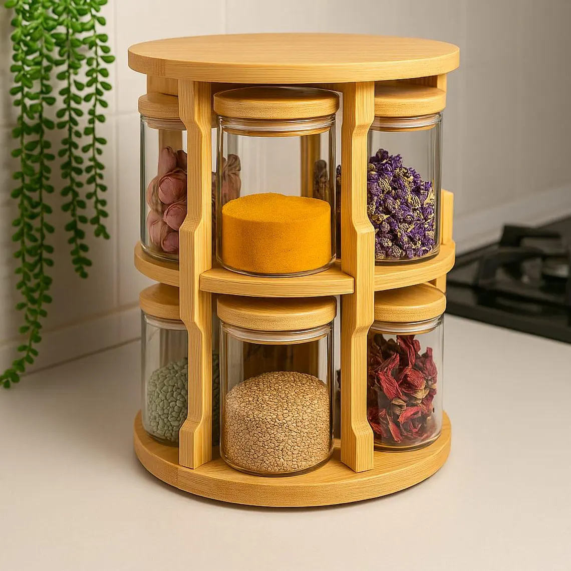 Chenzhu Bamboo Spice Rack Easy Assembly Home Kitchen Spices Spinning Rotating Shelf Bottle Holder Kitchen Accessories