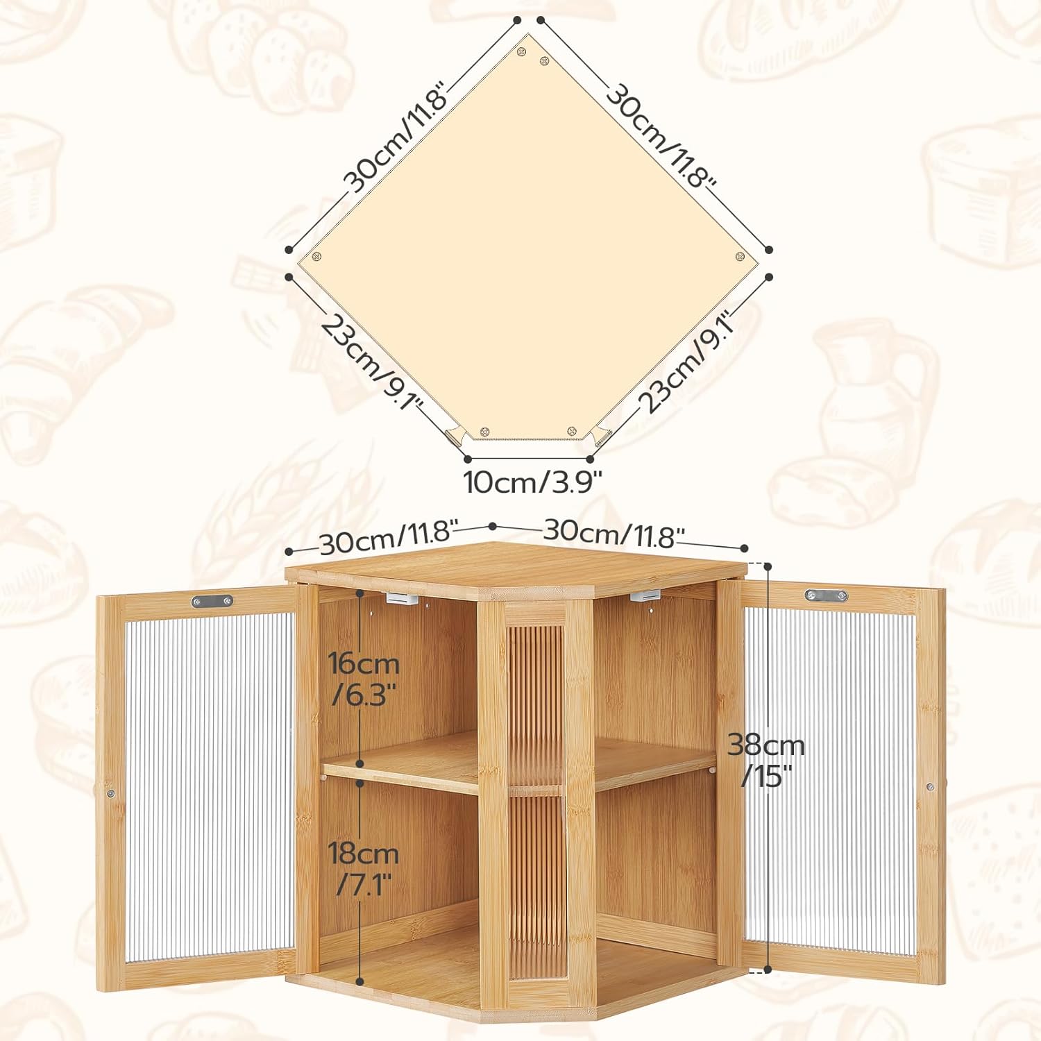 Bamboo and Wood Bread Box Kitchen Countertop Corner Food Sorting Storage Box Corrugated Transparent Door