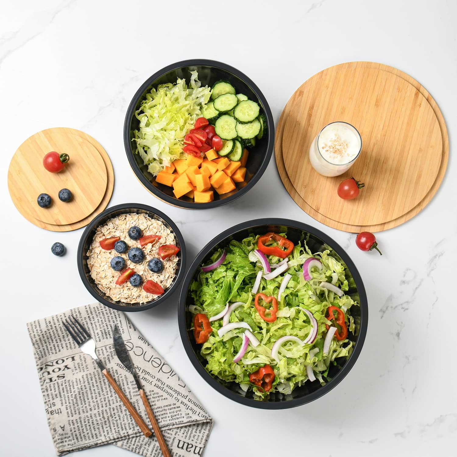 Dishwasher Safe 10" Large Salad Mixing Bowls Set of 3 Bamboo Bowl With Lid