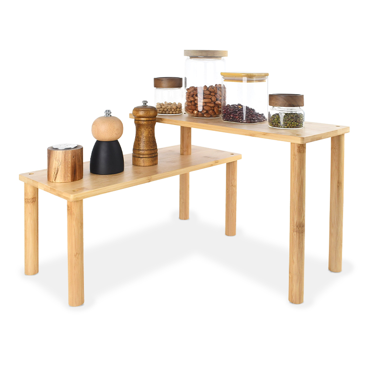 Bamboo Corner Counter Shelf 2 Piece Set L-Shape Stackable Kitchen Organizer 43cm Each Spice Rack Stand Pro