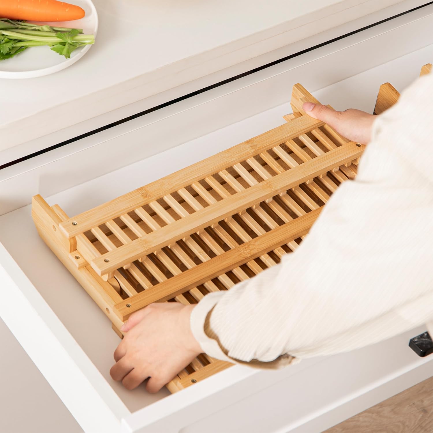 Bamboo Dish Drying Rack with Utensils Flatware Holder Set, Large Folding Drying Holder for Kitchen Counter