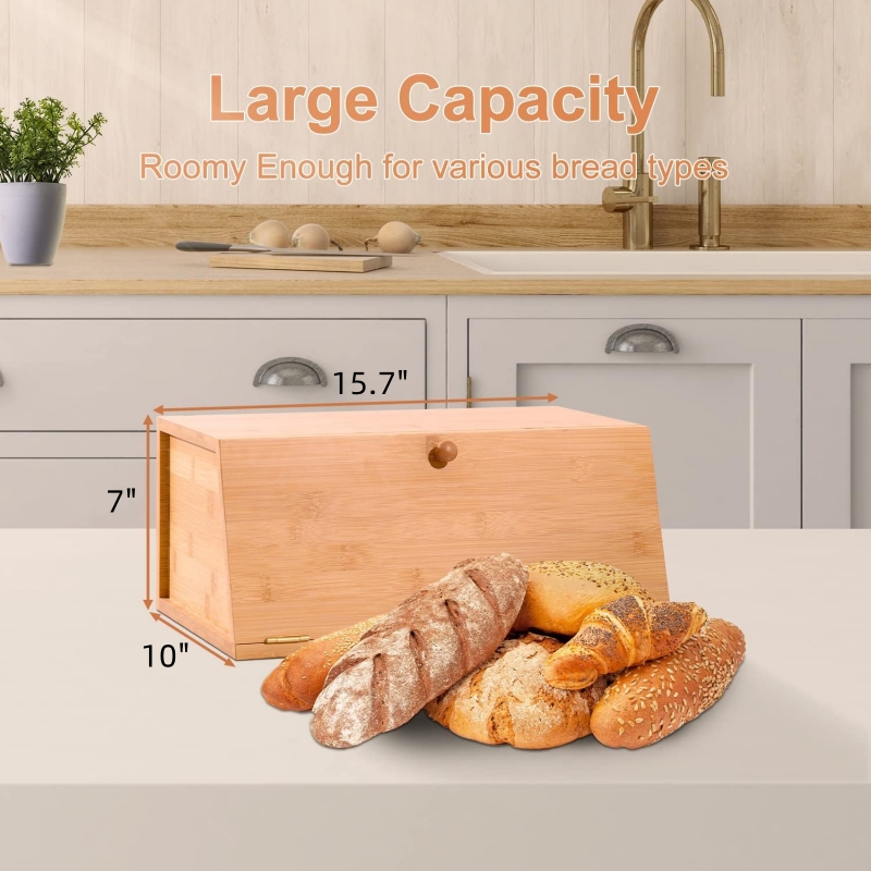 Large Bamboo Bread Storage Container Food Organizer Wooden Bread Box for Kitchen