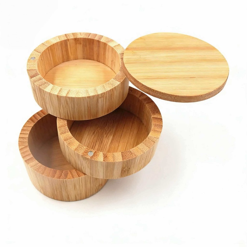 2025 Hot Sale Bamboo Salt Cellar High Quality and Food Safe 3-Tier Bamboo Spice Box for Kitchen Use