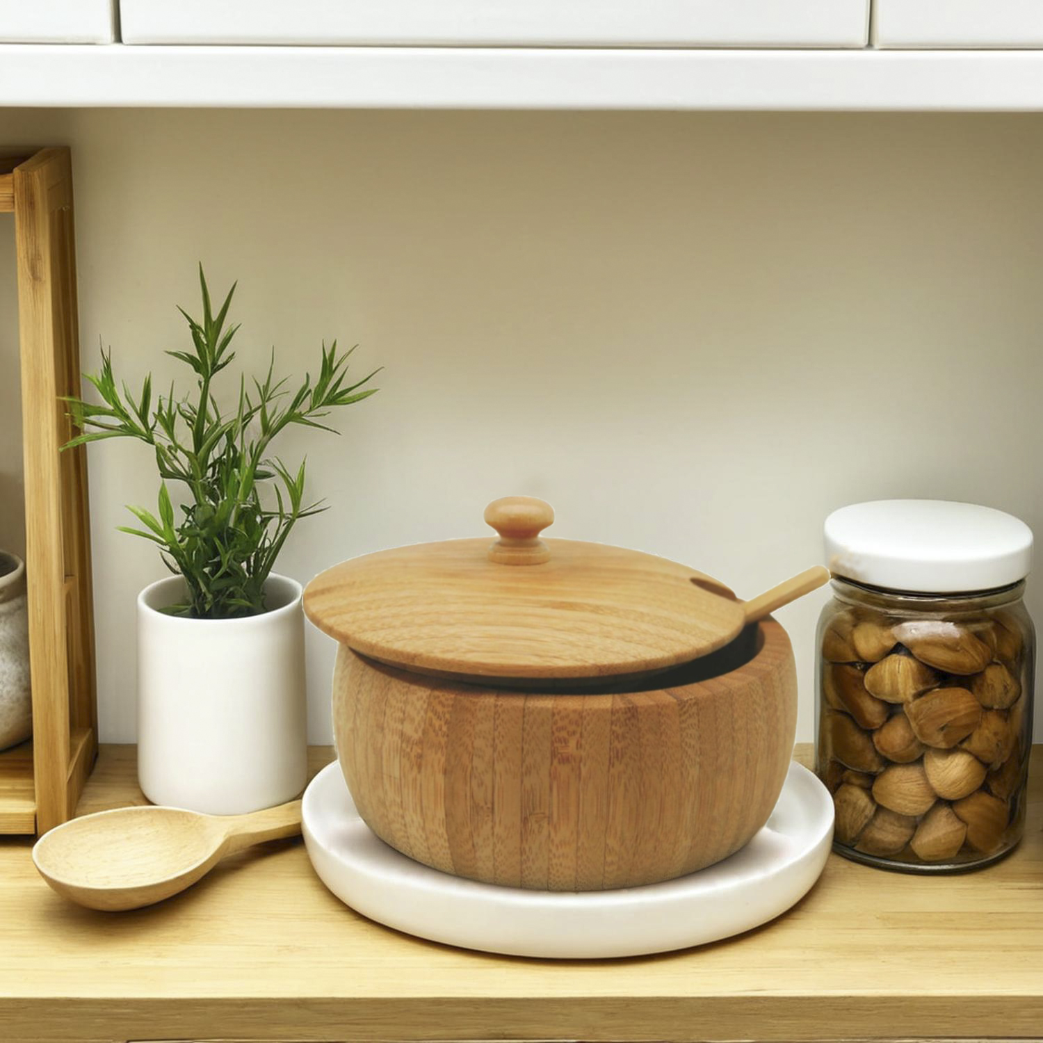 Natural Bamboo Eco-Friendly Durable Salt Jars with Bamboo Lid &amp; Spoon Seasoning Container Salt Cellar Pepper Shakers Pepper Box
