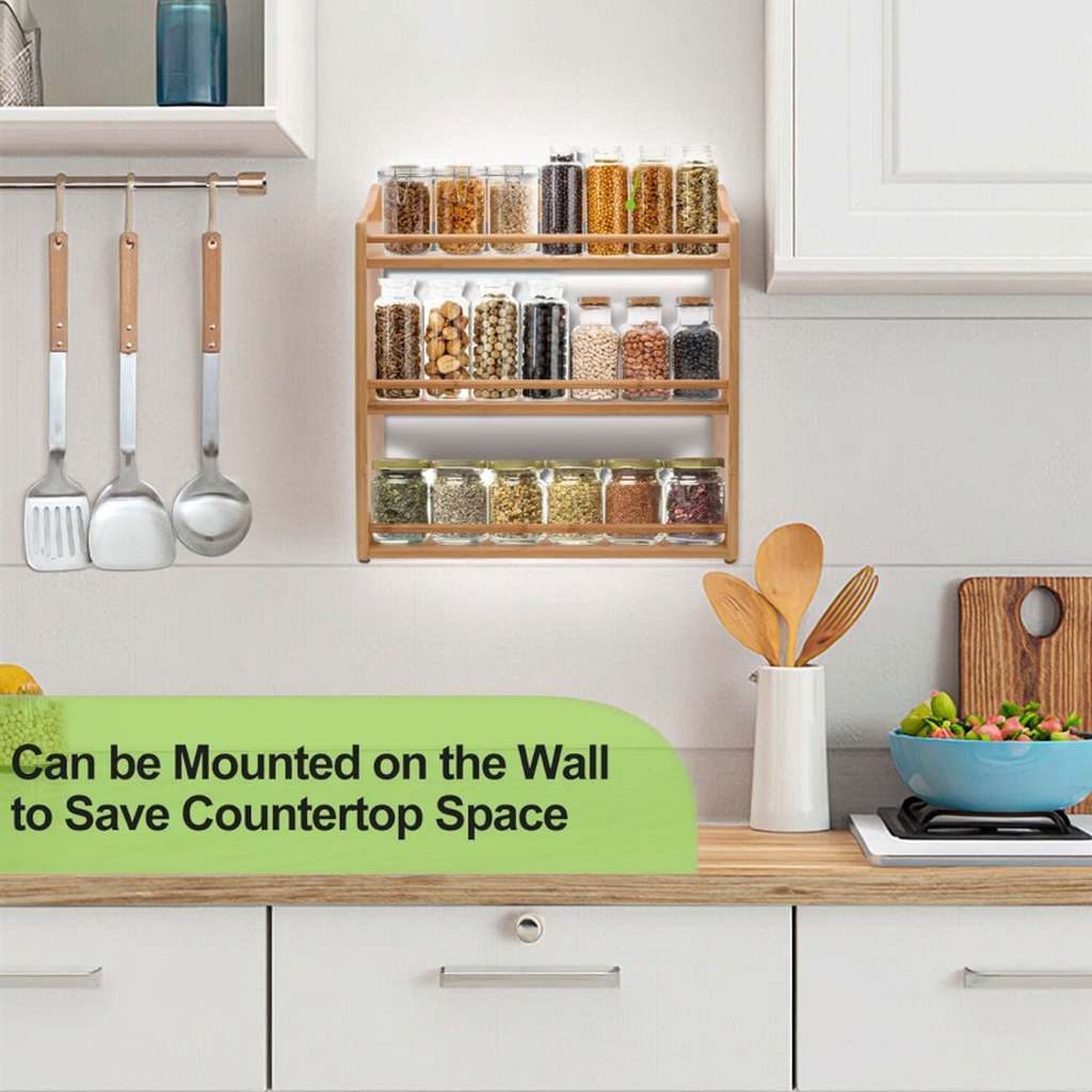 Modern 3-Tier Bamboo Spice Rack Seasoning Jars Organizer Storage Holder for Kitchen Counter or Wall Mounting