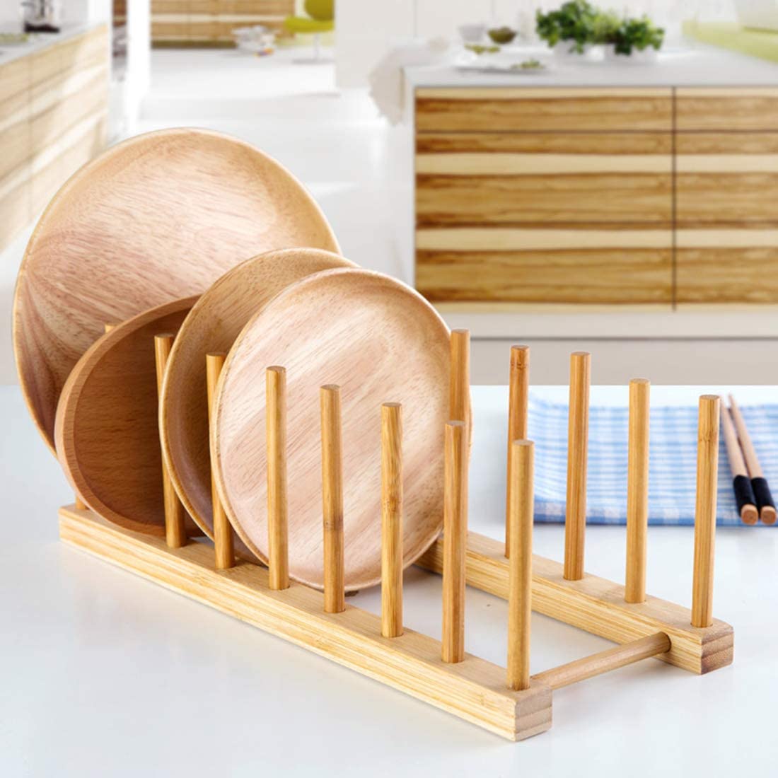 Custom Bamboo Dish Rack 3 Slots Wooden Plate Stand for Dish Bowl Cup &amp; Cutting Board Kitchen Organizer Shelf