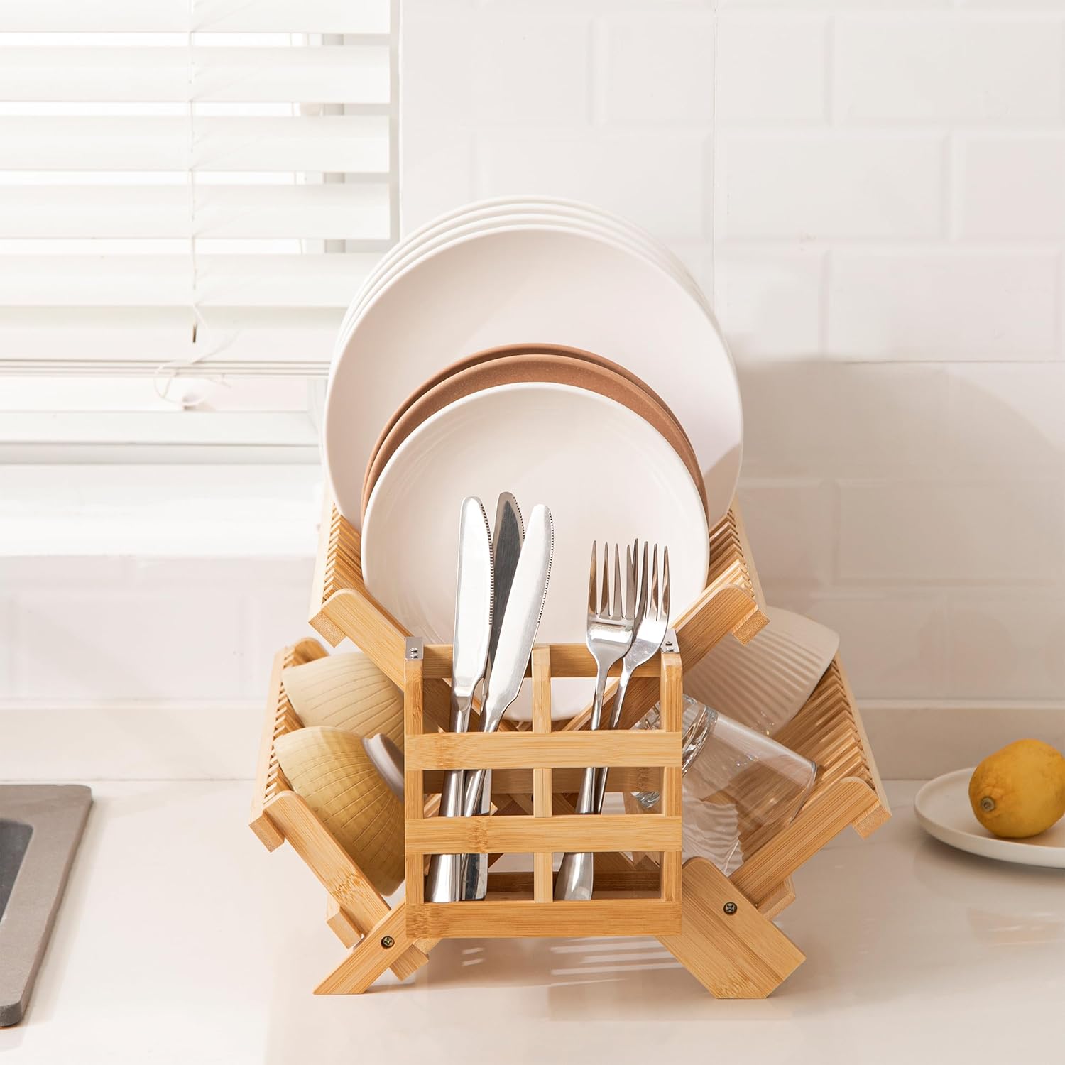 Bamboo Dish Drying Rack with Utensils Flatware Holder Set, Large Folding Drying Holder for Kitchen Counter