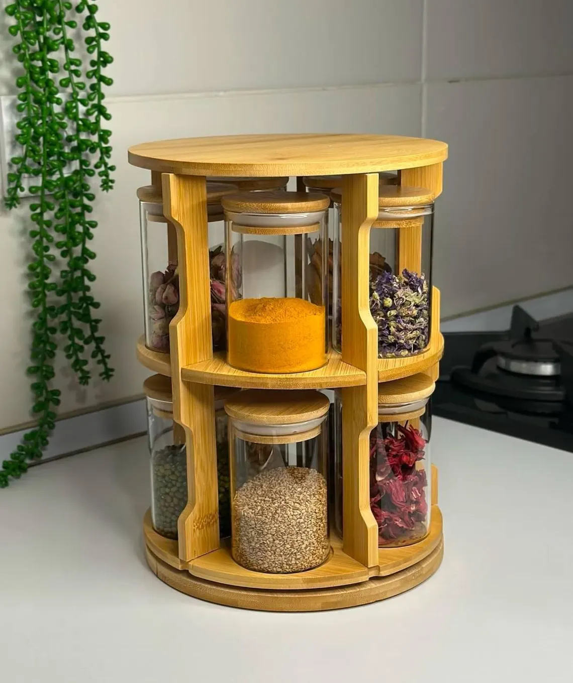 Chenzhu Bamboo Spice Rack Easy Assembly Home Kitchen Spices Spinning Rotating Shelf Bottle Holder Kitchen Accessories