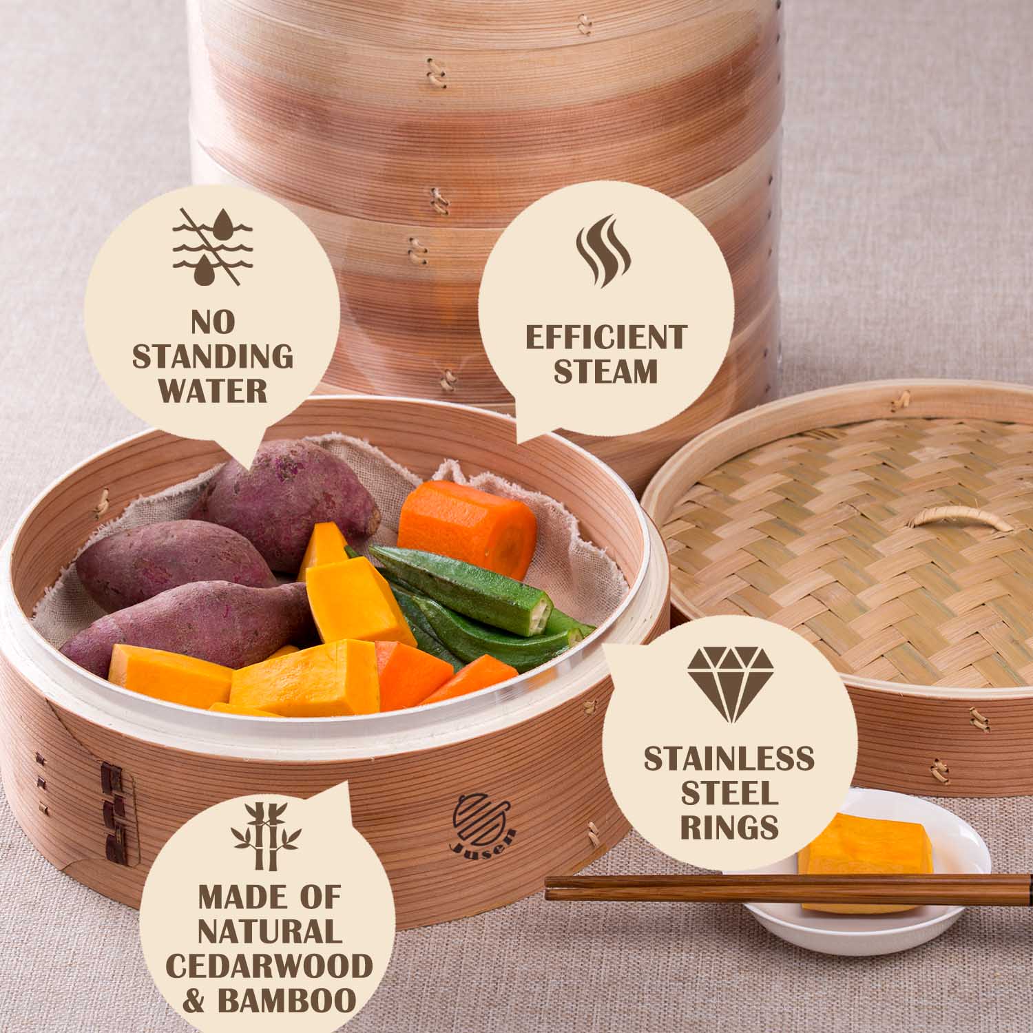 Deepened Wooden Steamer with Metal Rim Bamboo Basket for Cooking Dumpling Dim Sum Rice Potsticker Steaming Chinese Asian Food