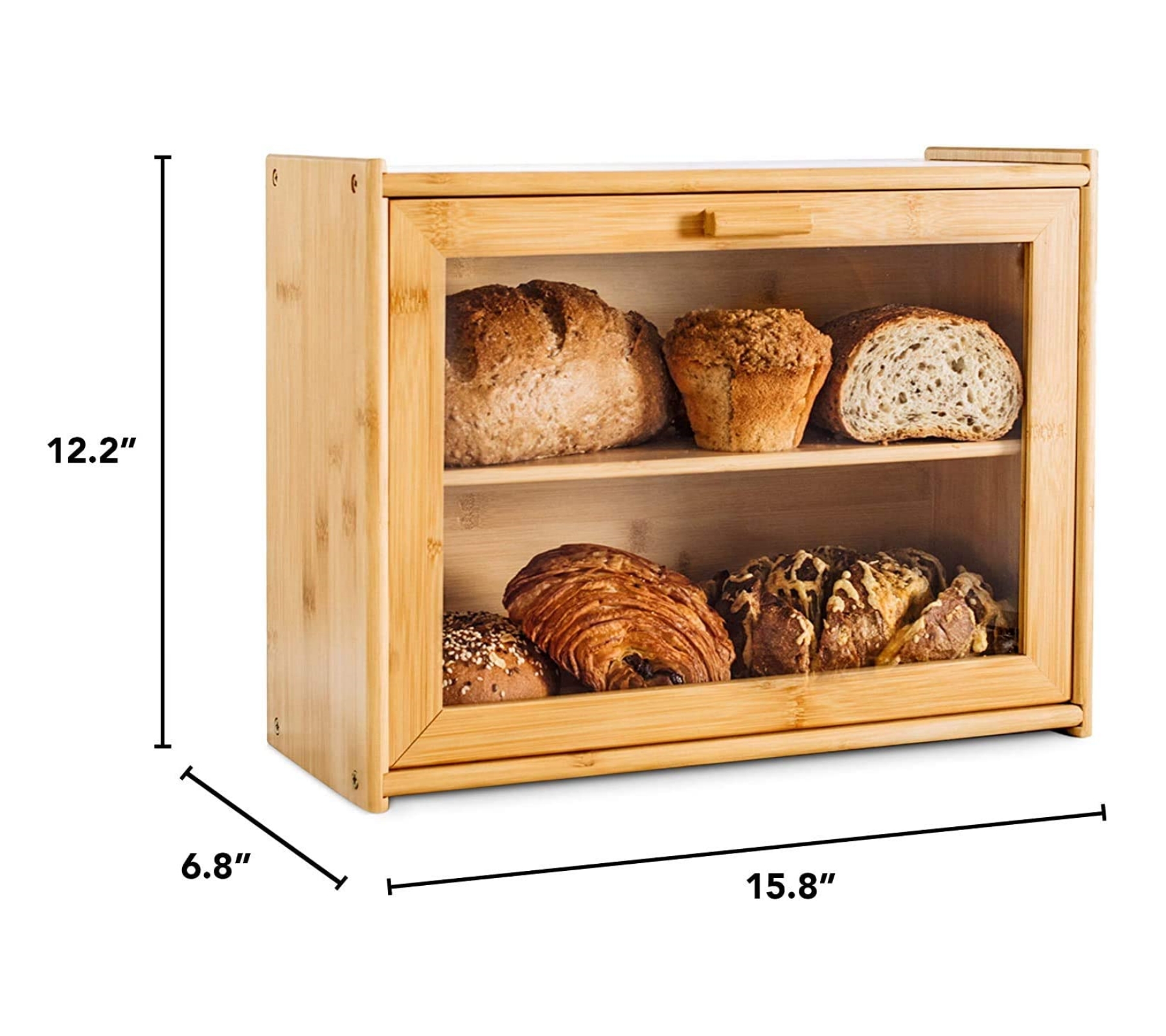 Bamboo Bread Box with Clear Front Window Kitchen Large Bread Box 2 Layer Farmhouse Style Bread Bin for Counter