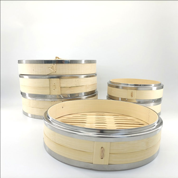 Eco-friendly 30 cm Double Layer Shumai Bamboo Steamer Cooking Dumpling Rice Cake Basket Stainless Steel Ring 7L Capacity Gas