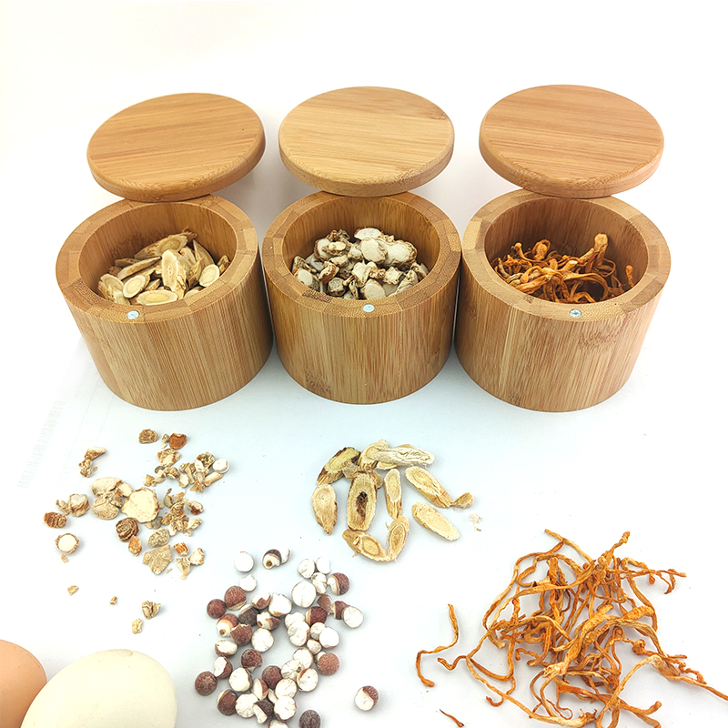 Natural Bamboo Salt Cellar Spice Container Seasoning Pepper Wooden Salt Box Bamboo Salt Box With Mini Spoon