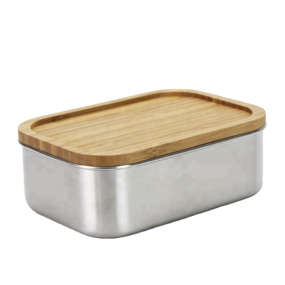 Eco Stainless Steel Food Grade 304 Metal Stainless Steel Bread Box Bento Lunch Box With Bamboo Lid
