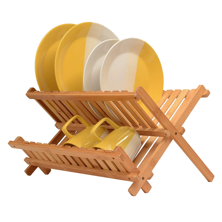 Collapsible 2-Tier Bamboo Wooden Dish Drying Rack Drainer Foldable for Restaurant Kitchen Counter Large Utensil Commercial