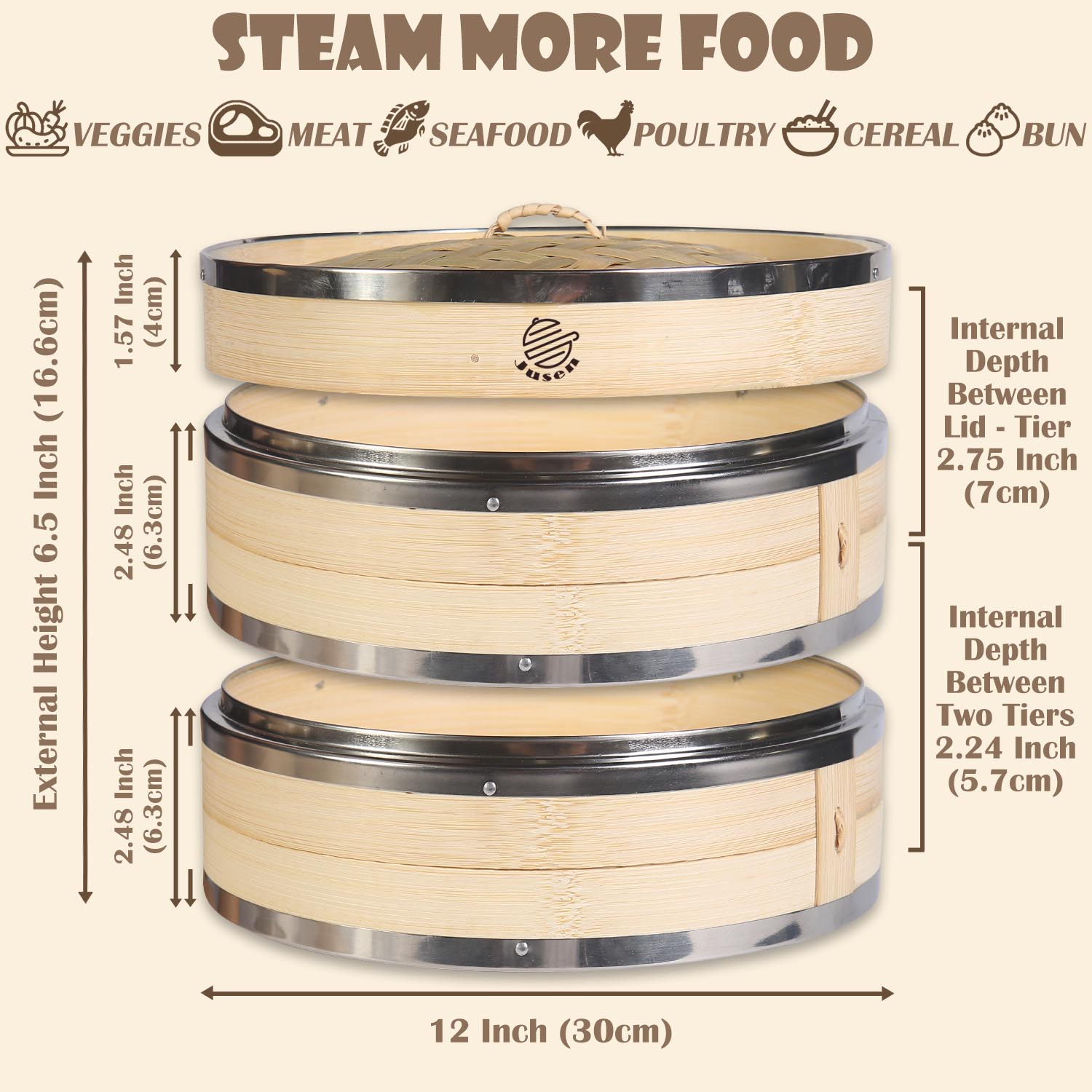 JUSEN Handcrafted Chinese Bamboo Steamer Basket with Stainless Steel Ring for Dim Sum Soup Dumpling Cooking Wood Steamer