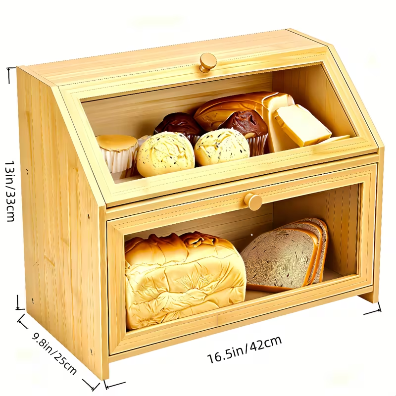 2 Layer Bamboo Bread Box with Clear Windows Large-Capacity Food Storage Container bamboo fiber bread box