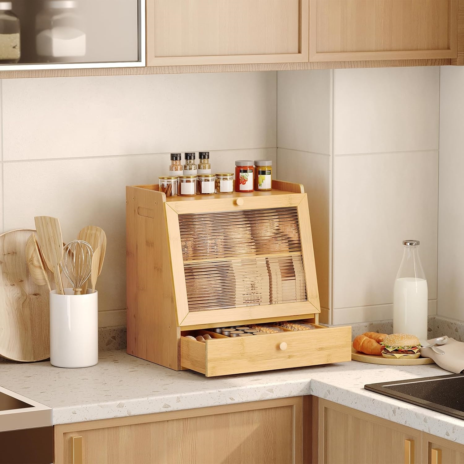 Modern 2-Tier Bamboo Bread Box Storage Container with Drawer Kitchen Countertop Food Storage Stylish Tool Storage Solution