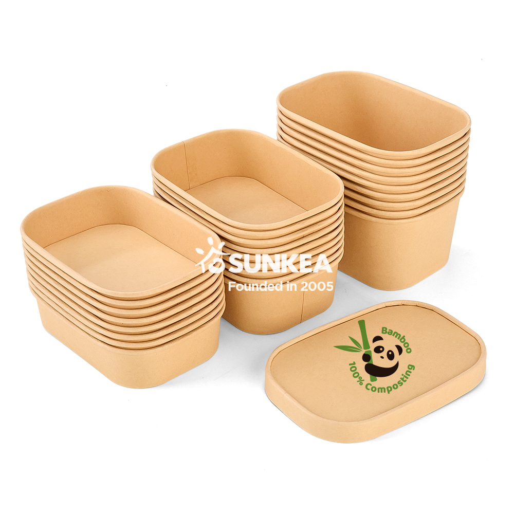 Disposable Logo Printed Rectangular Biodegradable Bamboo Salad Paper Bowl with Lid