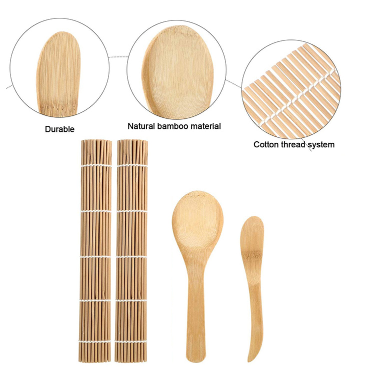 Home Kitchen 5 in 1 Bamboo Sushi Mats Rice Paddle Spreader Chopsticks Sushi Making Kit with Cloth Bag