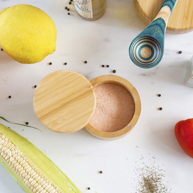 Wooden Round Box Bamboo Salt Cellar Bamboo Storage Box With Magnetic Swivel Lid, Bamboo Salt Box 6 Ounce Capacity