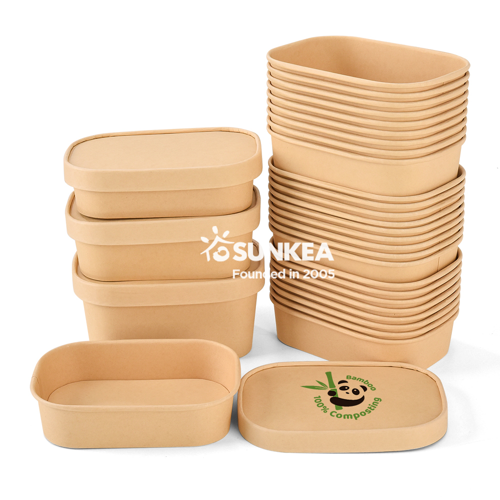 Disposable Logo Printed Rectangular Biodegradable Bamboo Salad Paper Bowl with Lid